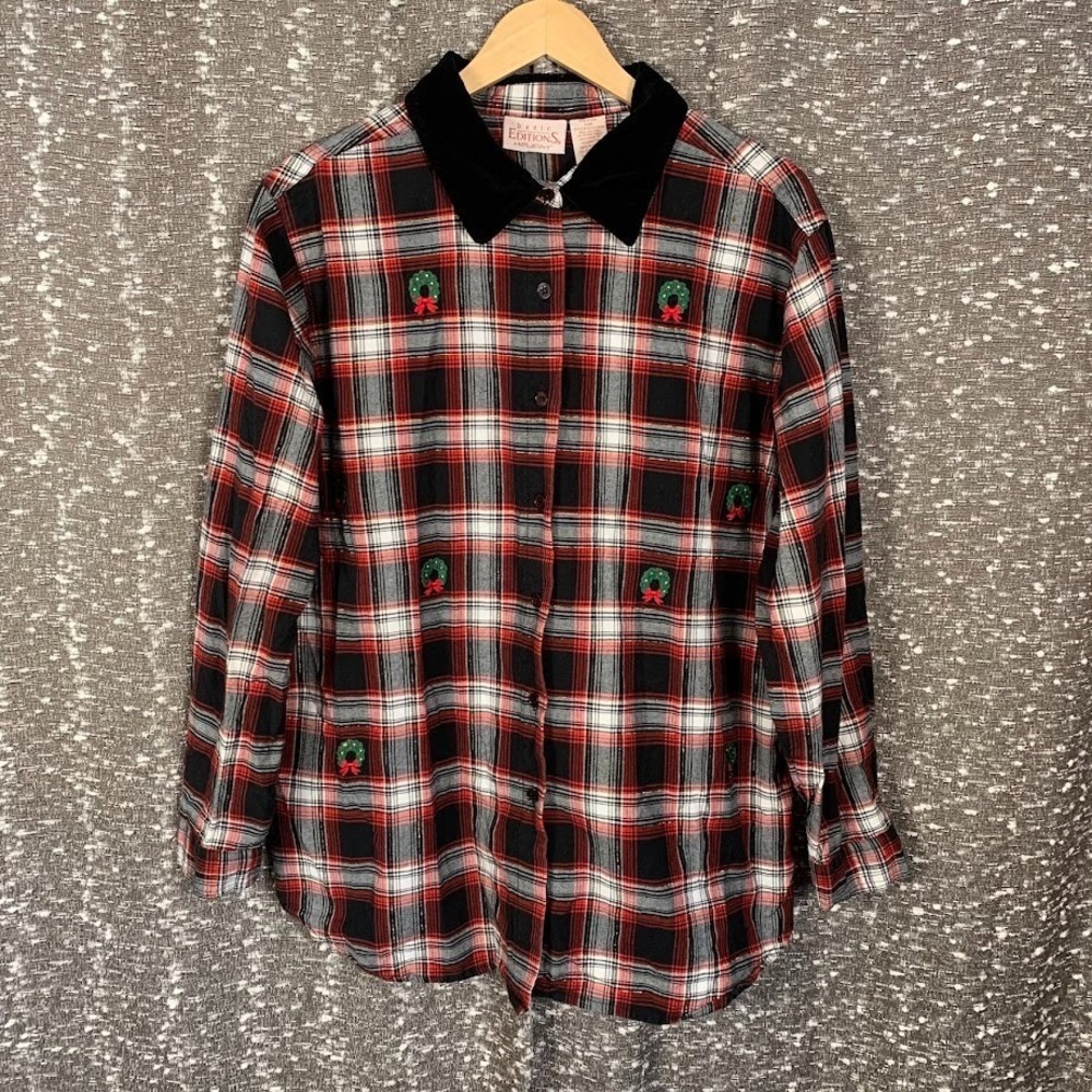 Vintage Basic Editions Holiday Plaid Button Up Shirt Christmas Women's XL